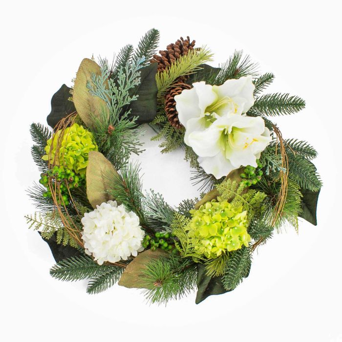 Corona con ramas de abetos, amarilis y hortensias artificiales, blanco, Ø  53cm - artplants Coronas Artificiales