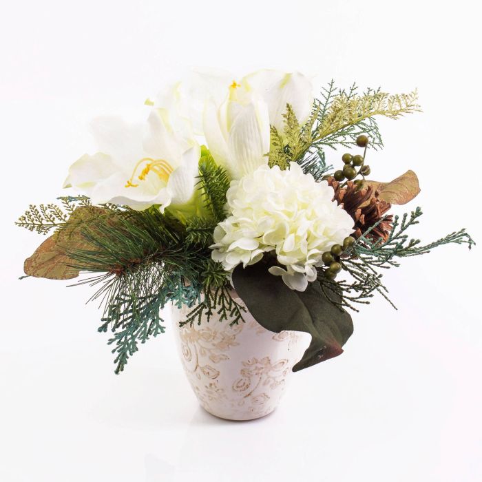 Arreglo floral con amarilis y hortensias artificiales, en maceta de  cerámica, blanco, 30cm - artplants Arreglos Florales Artificiales