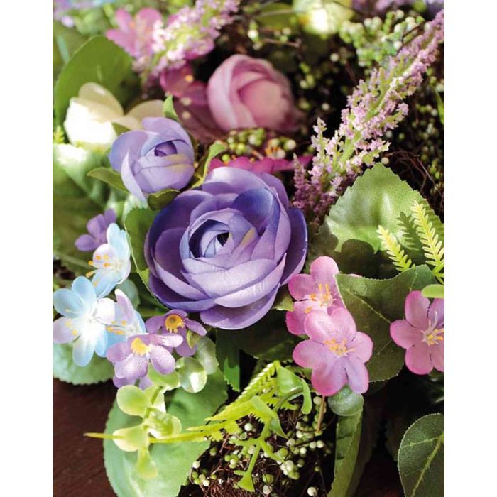 Corona de flores artificiales de Ranunculus SHAYA con flor de cera, azul- violeta, Ø35cm