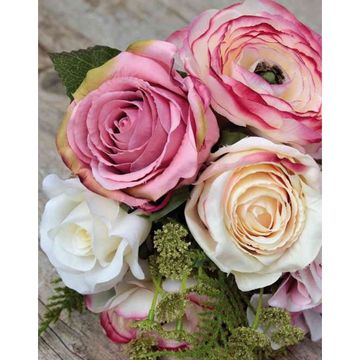 Ramo de rosas artificiales LETICIA, hortensias, ranúnculos, rosa-morado,  20cm, Ø20cm