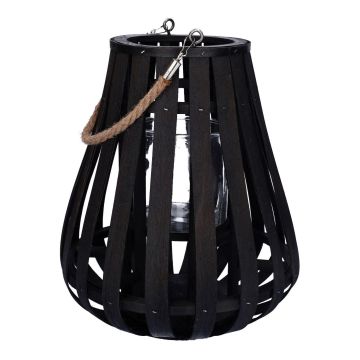 Farol ALVARU de ratán, con cristal de vela, asa, negro, 31cm, Ø24cm