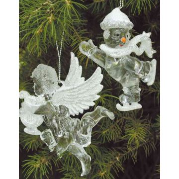 Ángel de Navidad LINDY, 2 unidades, colgante, arpa, lira, purpurina, blanco-plata, 9x10cm