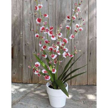 Orquídea Oncidium artificial YOSEPHIN en maceta de arcilla, blanco-rojo, 70cm