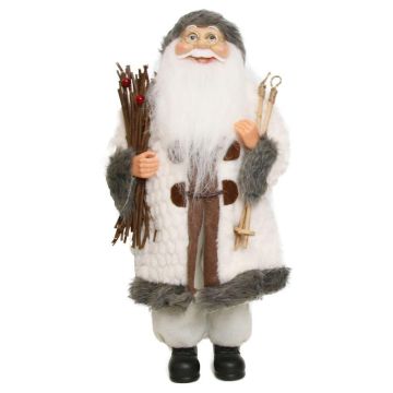 Figura de Papá Noel JARICK, manojo de leña, bastones de esquí, blanco-gris, 22x14x45cm