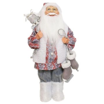 Figura de Papá Noel ABENZIO, patines de hielo, saco de regalos, blanco-gris-rojo, 22x14x45cm