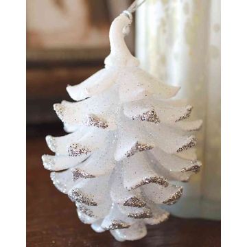 Piña decorativa para el árbol de Navidad CATHARINA, acrílico, percha, purpurina, blanco-plata, 9cm, Ø7cm