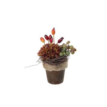 Arreglo artificial de dalia, escaramujo, uva MUSAN, maceta decorativa, rojo-naranja-verde, 10cm, Ø7cm