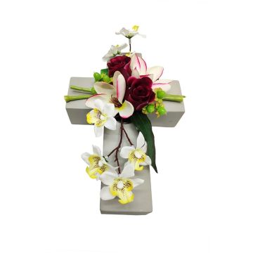 Arreglo de flores artificiales de magnolia, orquídea, rosa OVANA, cruz, blanco-rosa, 28x18x10cm