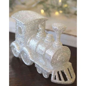 Adorno navideño GEREON, tren, acrílico, colgante, purpurina, blanco-plata, 12x7cm