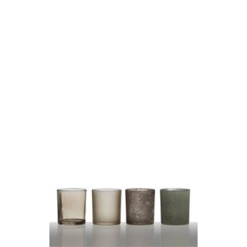 Juego de 4 porta velas de té de cristal LYLA, marrón-gris, 28,5x7x8cm